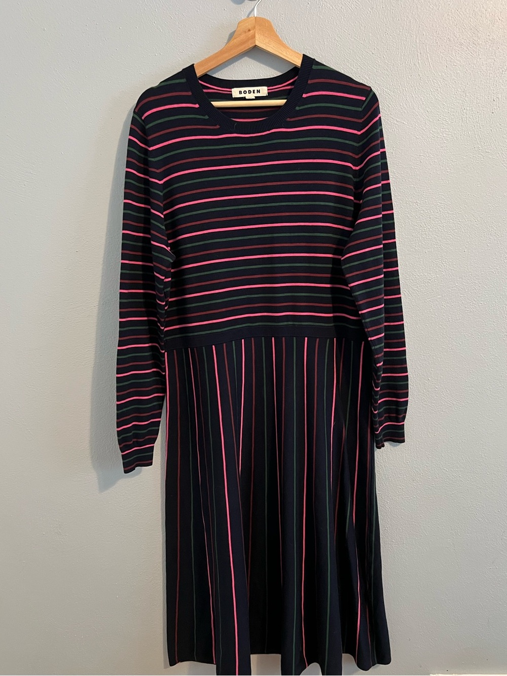 Boden Maria Knitted Midi Navy Dress with Pink & Green Stripe Pattern